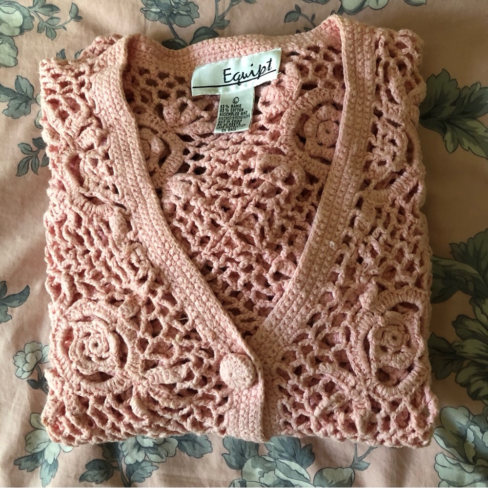 Pink crochet flower lace cardigan top vintage 90"s Equipt 90"s size L large boho - Picture 8 of 8